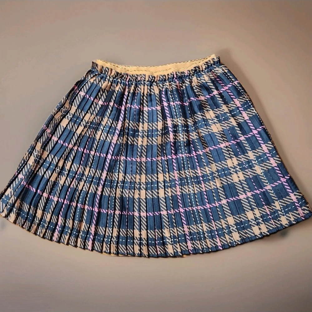Abel & Lula Bubblegum Plaid Pleated Skirt 12 Black Camel Pink Boutique